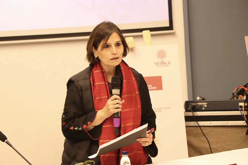 Woman leader speaking at an event, representing the women leadership programme at Vedica Scholars Programme
